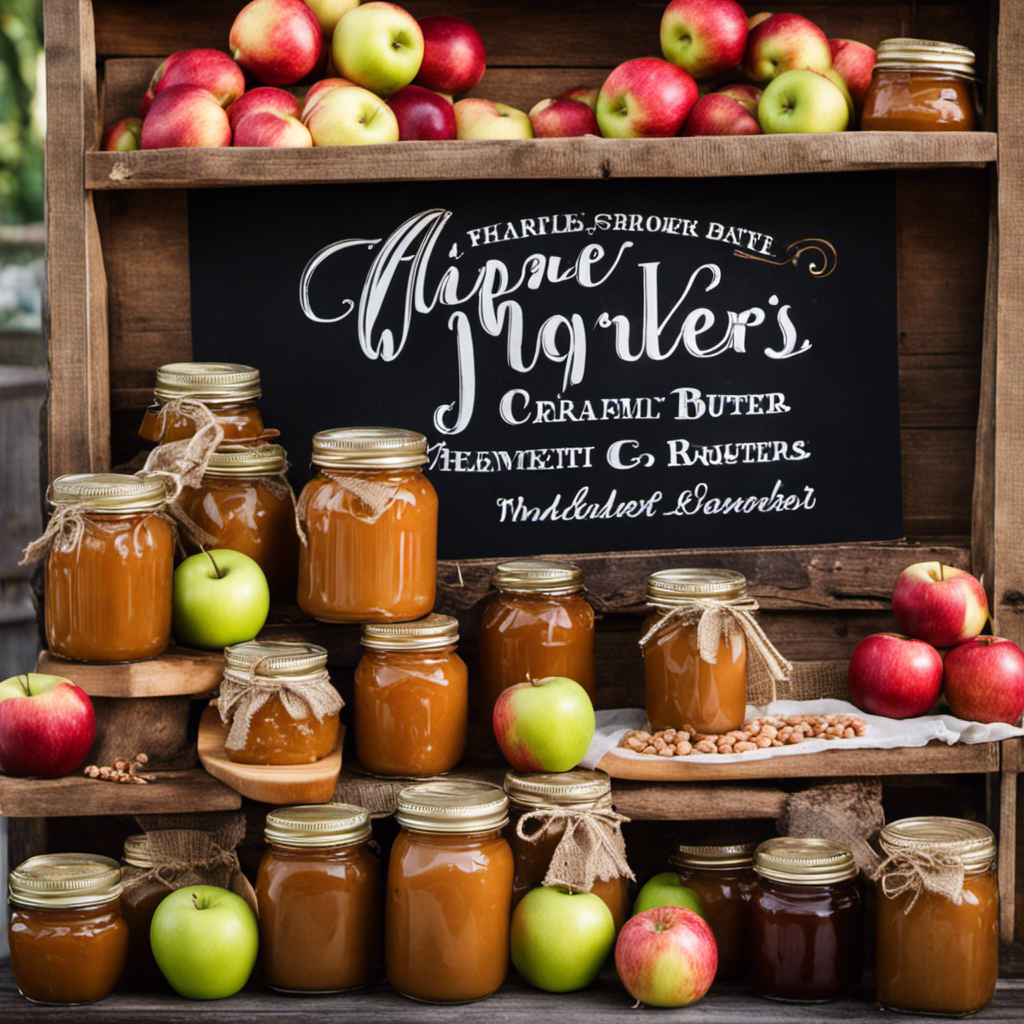 An image showcasing a quaint farmers market with a vibrant display of jars filled with luscious, caramel-colored apple butter, nestled between baskets of freshly picked apples and rustic wooden signs pointing towards the vendor