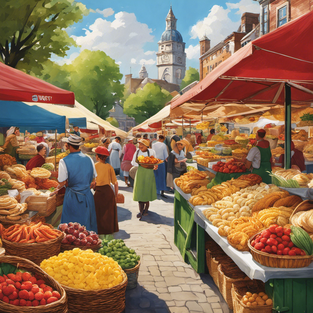 An image showcasing a bustling farmers market with vibrant stalls adorned with fresh, flaky butter braids