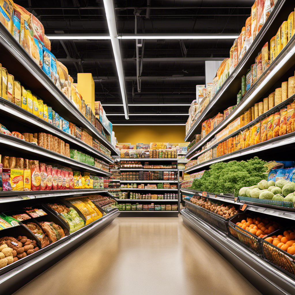 An image showcasing a vibrant grocery store aisle filled with neatly arranged shelves stocked with various flavors of Ensure