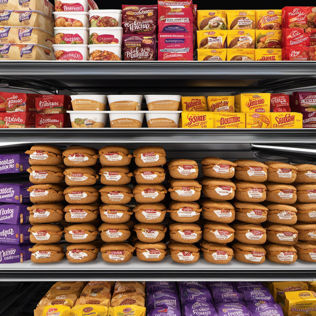 An image showcasing a refrigerated grocery store aisle with a prominent display of perfectly stacked, tempting Butter Pecan Ice Cream Sandwiches