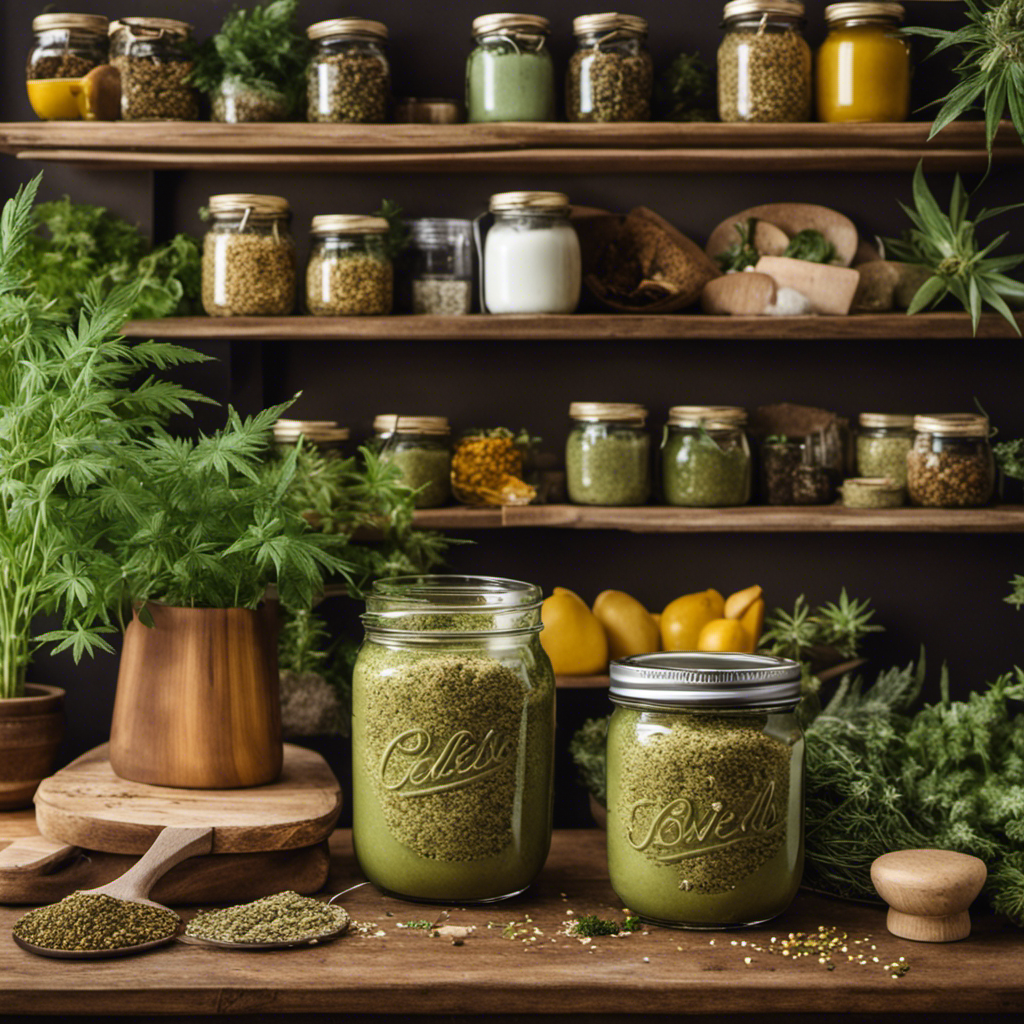 An image showcasing a cozy kitchen countertop adorned with a rustic mason jar filled with velvety cannabutter, surrounded by a variety of organic ingredients like fresh herbs, hemp seeds, and vibrant cannabis flowers