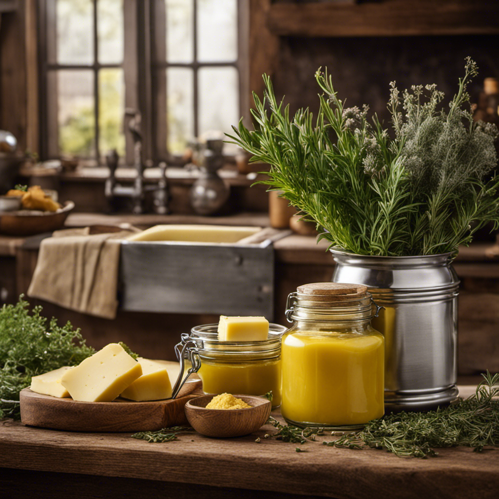 An image showcasing a rustic kitchen counter with a glass jar of velvety, golden clarified butter, surrounded by an array of fresh, aromatic herbs, and a gleaming stainless steel butter churn in the background