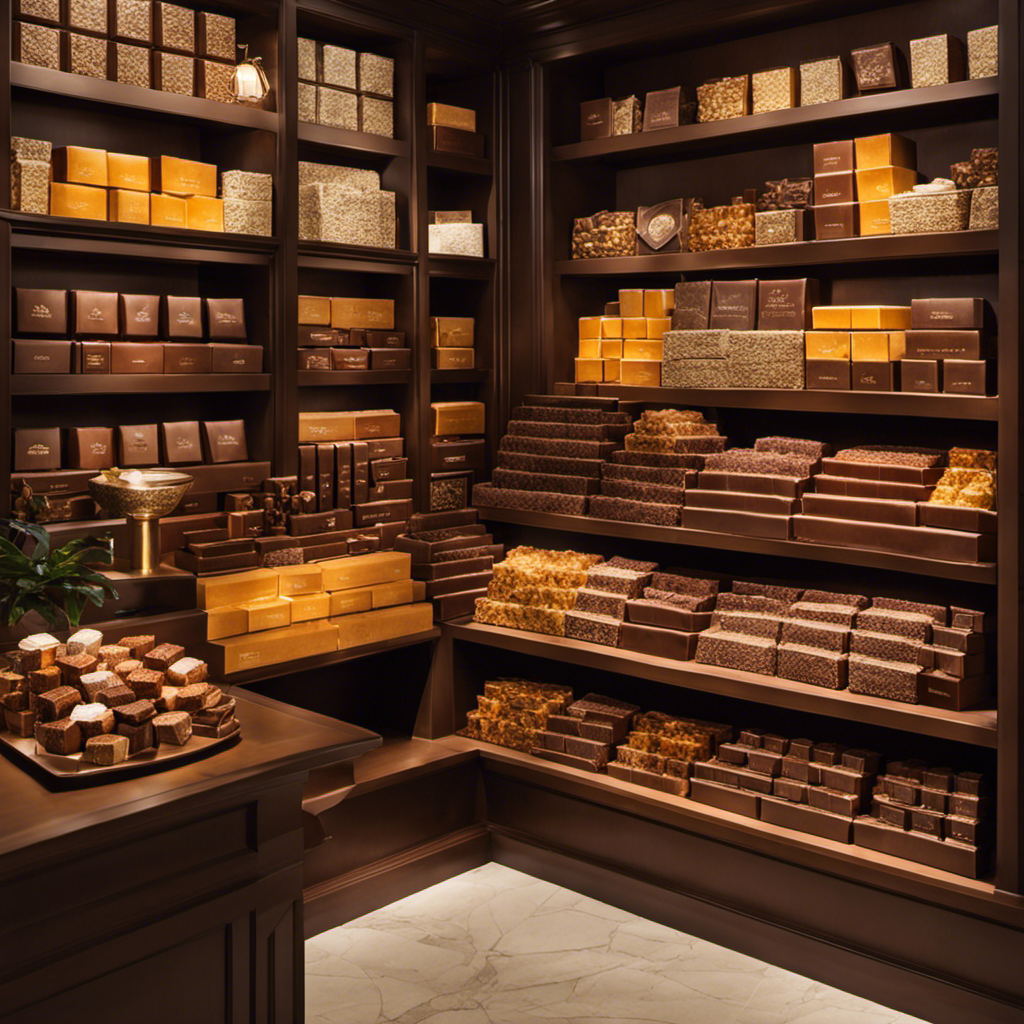 An image showcasing a cozy corner of a charming artisanal chocolate shop, with shelves adorned with rows of rich, velvety cocoa butter bars, inviting readers to discover where they can purchase this decadent ingredient