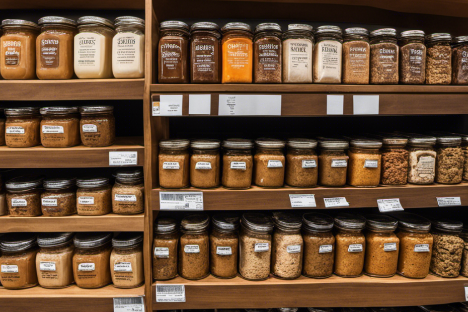 An image showcasing a shelf in a gourmet grocery store, filled with rows of delectable cookie butter jars in various flavors, from classic to exotic, enticingly labeled and ready to be purchased