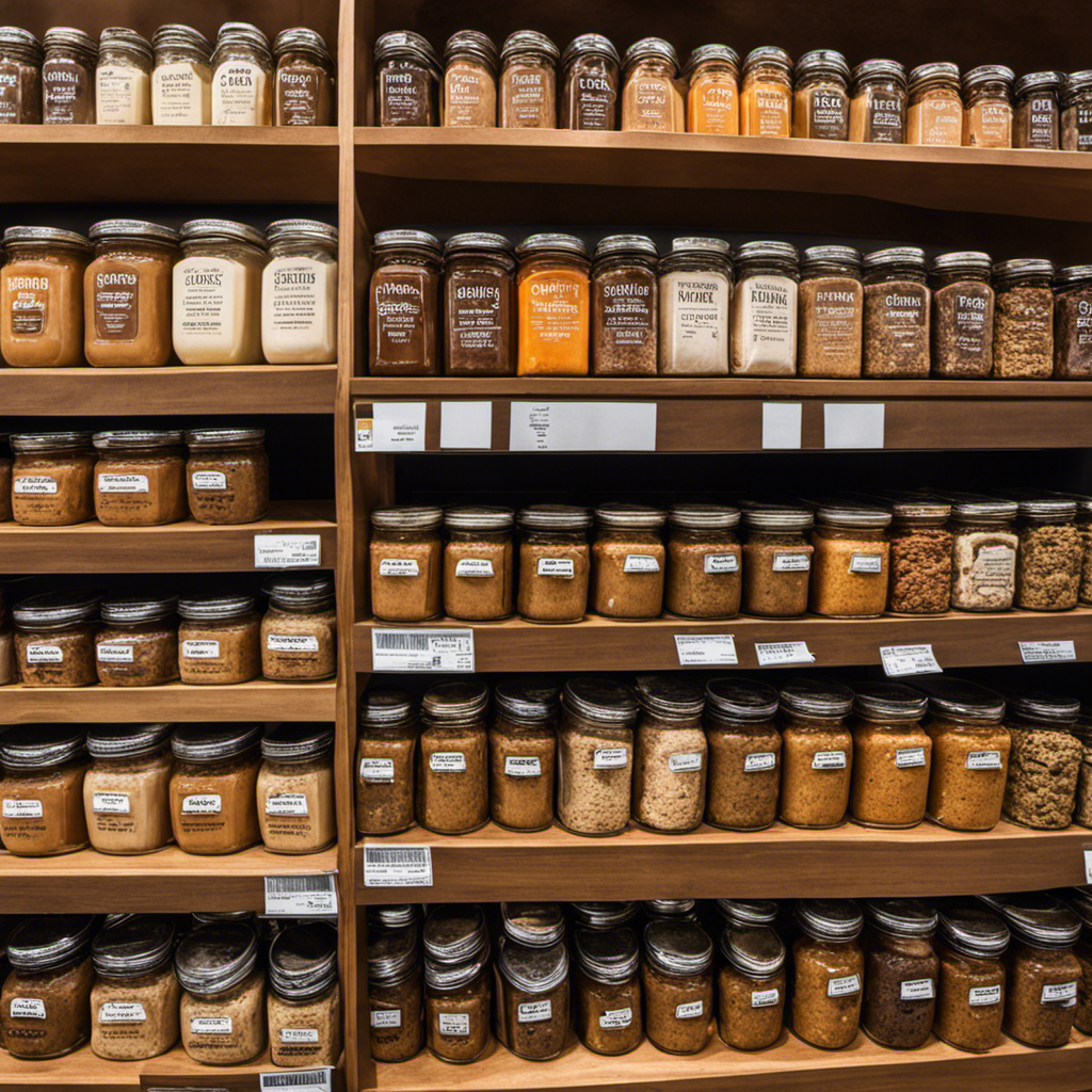 An image showcasing a shelf in a gourmet grocery store, filled with rows of delectable cookie butter jars in various flavors, from classic to exotic, enticingly labeled and ready to be purchased