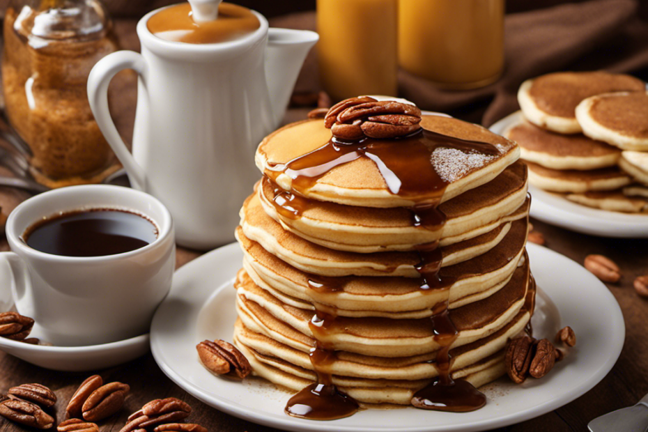 An image showcasing a cozy kitchen scene with a steaming cup of coffee, a stack of fluffy pancakes drizzled with luscious golden butter pecan syrup, and a bottle of Dunkin Donuts Butter Pecan Syrup prominently displayed