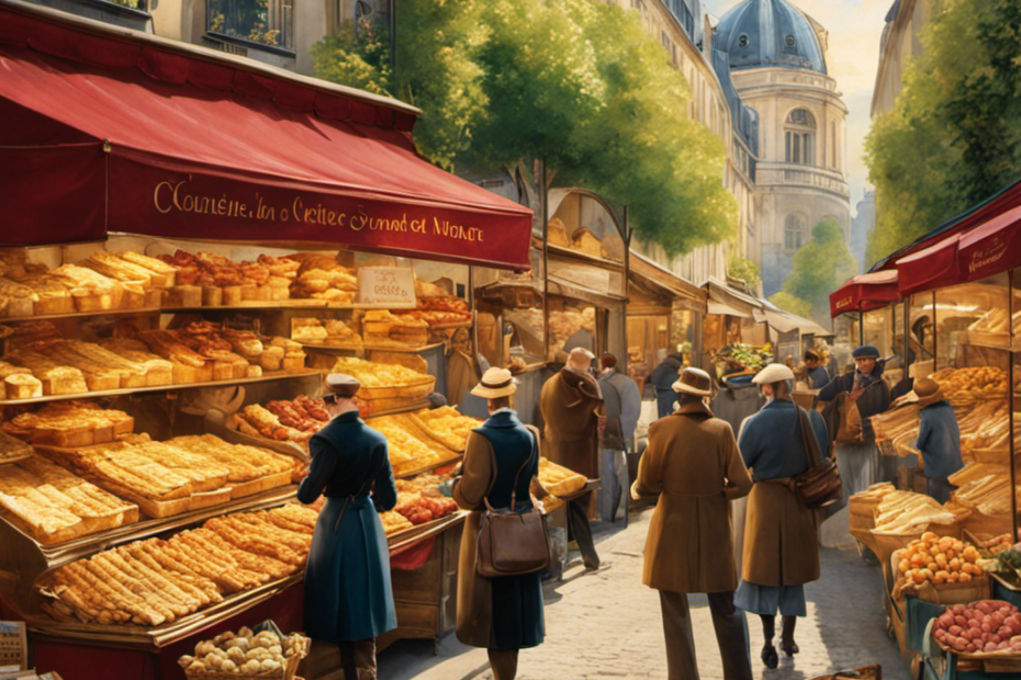 An image showcasing a quaint Parisian street market, bustling with vibrant stalls adorned with an array of golden-hued, creamy French butter