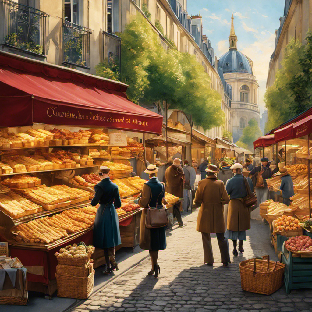 An image showcasing a quaint Parisian street market, bustling with vibrant stalls adorned with an array of golden-hued, creamy French butter
