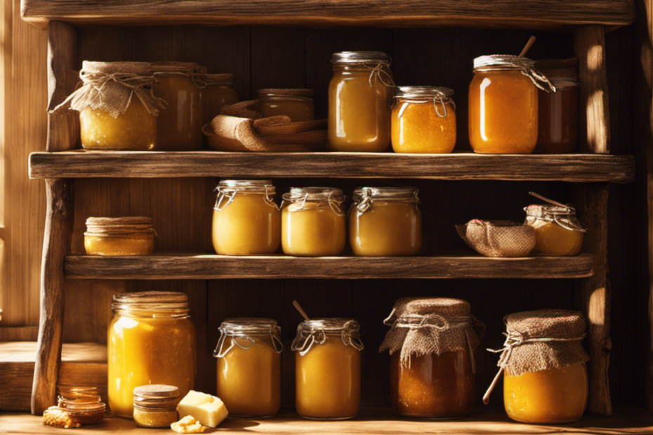 An image showcasing a rustic wooden shelf in a cozy country kitchen, adorned with jars of delectable honey butter