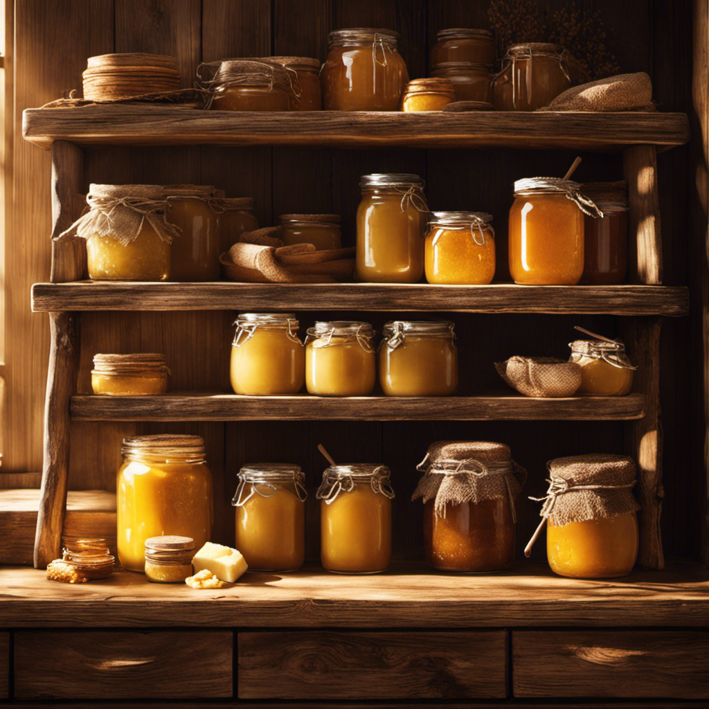 An image showcasing a rustic wooden shelf in a cozy country kitchen, adorned with jars of delectable honey butter