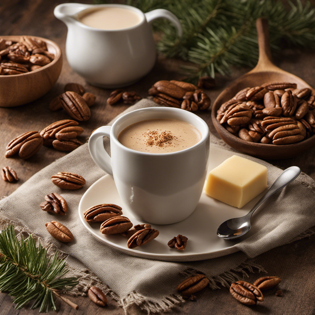 An image showcasing a cozy kitchen countertop with a steaming cup of coffee adorned with International Delight Southern Butter Pecan Creamer, surrounded by a rustic spoon and a handful of buttery pecans