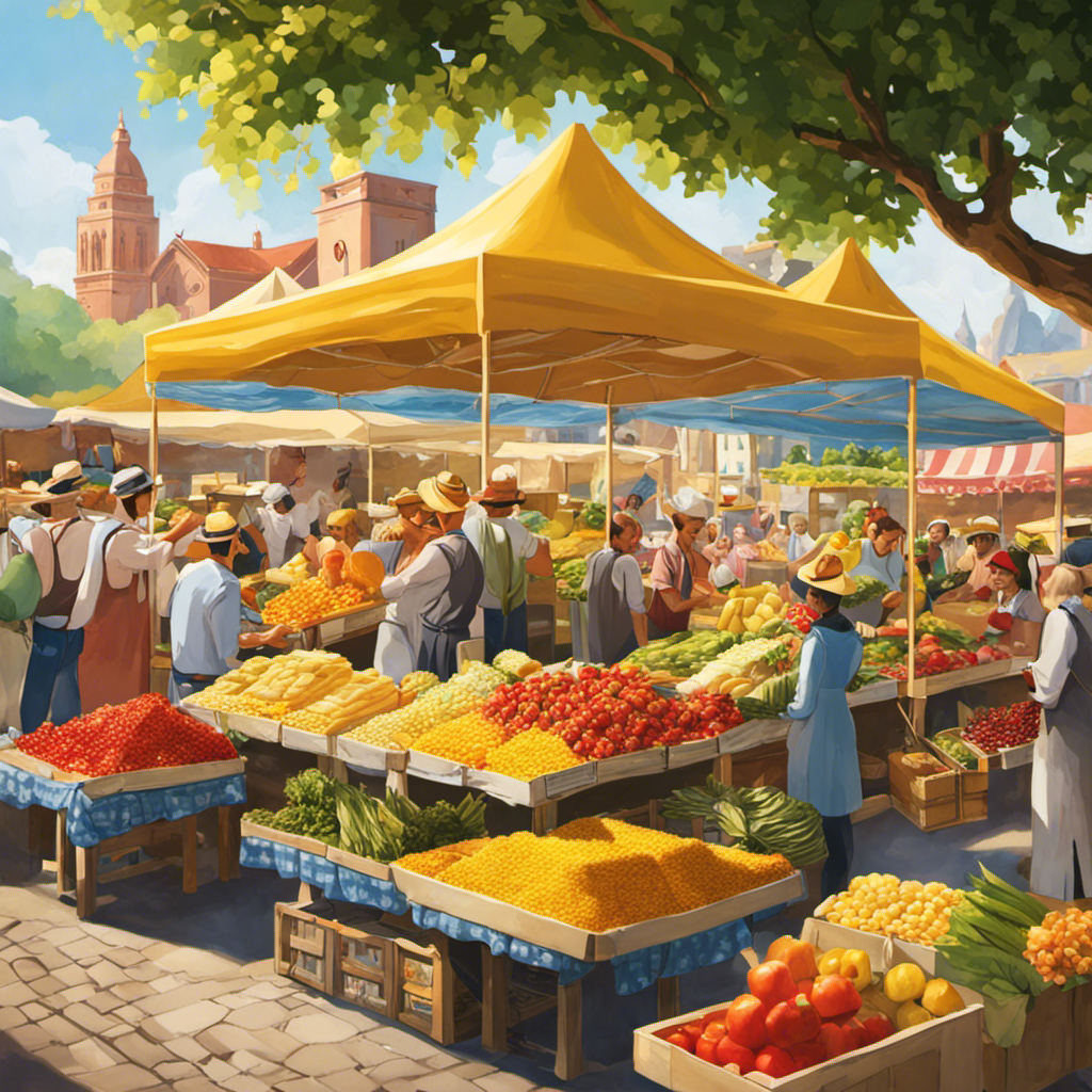An image showcasing a bustling farmer's market, adorned with vibrant stalls overflowing with fresh produce