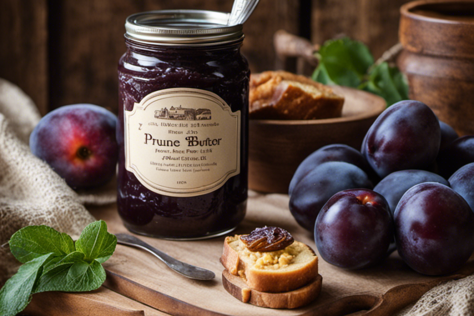 an inviting kitchen scene: a rustic wooden countertop adorned with a jar of lusciously smooth prune butter, surrounded by a quaint farmers market basket filled with ripe plums, and a vintage recipe book opened to a page on homemade spreads