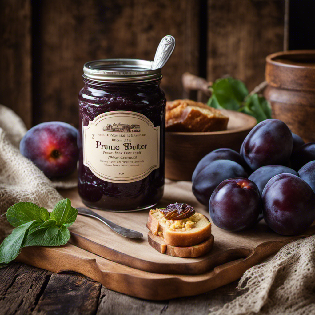 an inviting kitchen scene: a rustic wooden countertop adorned with a jar of lusciously smooth prune butter, surrounded by a quaint farmers market basket filled with ripe plums, and a vintage recipe book opened to a page on homemade spreads