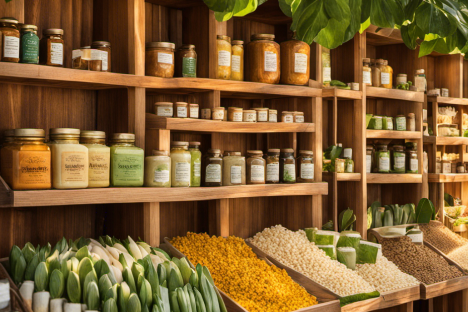 An image showcasing a peaceful and vibrant marketplace, filled with local vendors displaying an array of luscious, ivory-colored shea butter products, neatly stacked on wooden shelves and illuminated by warm sunlight filtering through a canopy of lush green leaves