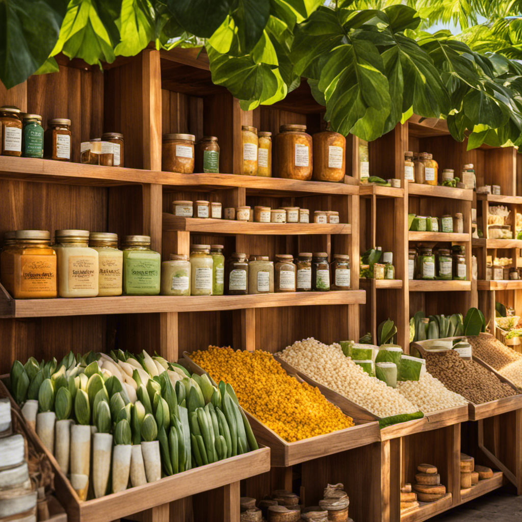 An image showcasing a peaceful and vibrant marketplace, filled with local vendors displaying an array of luscious, ivory-colored shea butter products, neatly stacked on wooden shelves and illuminated by warm sunlight filtering through a canopy of lush green leaves