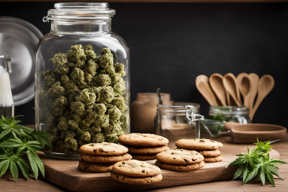An image featuring a serene kitchen setting with a rustic wooden countertop, where a glass jar labeled "Weed Butter" rests prominently beside a stack of freshly baked cannabis-infused cookies