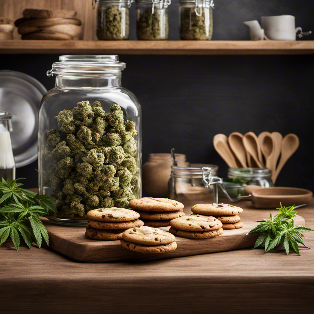 An image featuring a serene kitchen setting with a rustic wooden countertop, where a glass jar labeled "Weed Butter" rests prominently beside a stack of freshly baked cannabis-infused cookies
