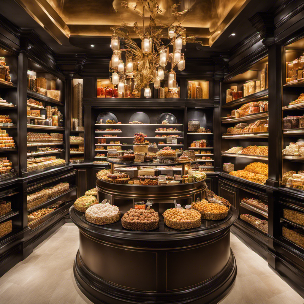 An image showcasing a lavish gourmet food shop adorned with opulent displays of delectable treats