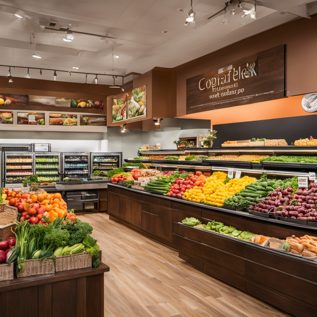 An image showcasing a bustling Community Food Co-op, with colorful produce displays, shelves stocked with organic goods, and a dedicated section for specialty appliances like a peanut butter maker