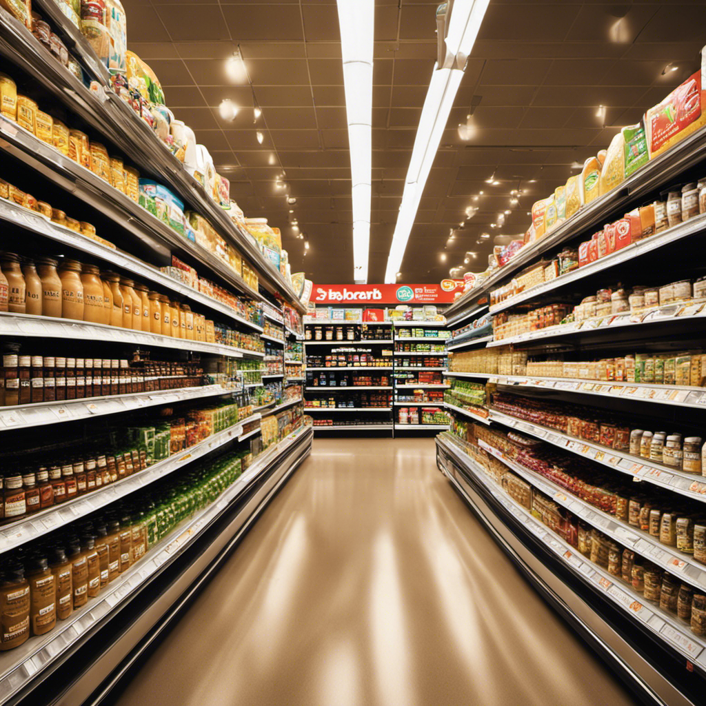 An image showcasing a bustling supermarket aisle filled with neatly organized shelves, adorned with a variety of peanut butter makers