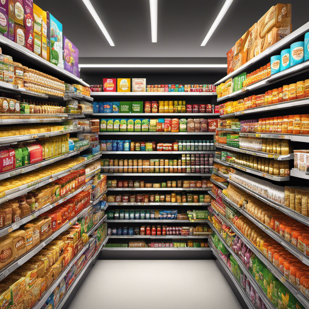 An image showcasing a vibrant virtual grocery store aisle, filled with neatly stacked shelves displaying various brands of peanut butter makers