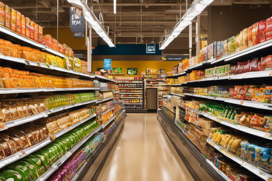 An image showcasing a vibrant grocery store aisle filled with shelves neatly stacked with an array of peanut butter makers