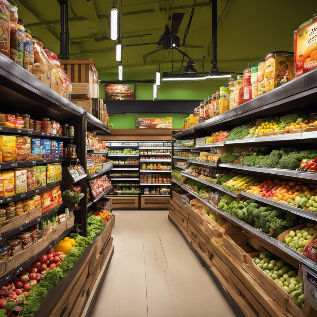 An image showcasing the vibrant shelves of a bustling local grocery store, brimming with an assortment of fresh produce, pantry staples, and a dedicated section for specialty appliances, including a prominently displayed peanut butter maker