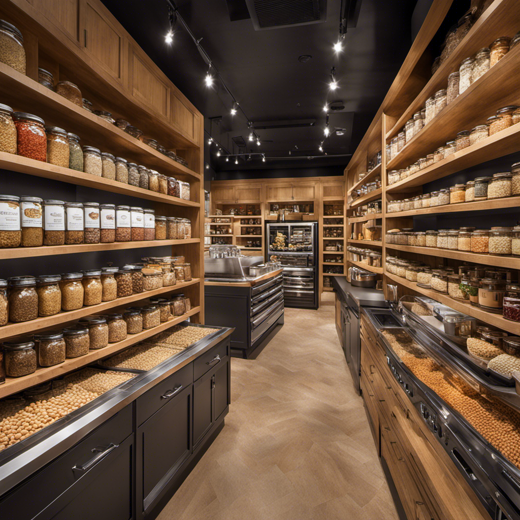 An image showcasing a well-stocked culinary supply store, filled with gleaming stainless steel appliances, shelves brimming with jars of fresh peanuts, and an inviting display of various peanut butter makers, enticing visitors to find their perfect match