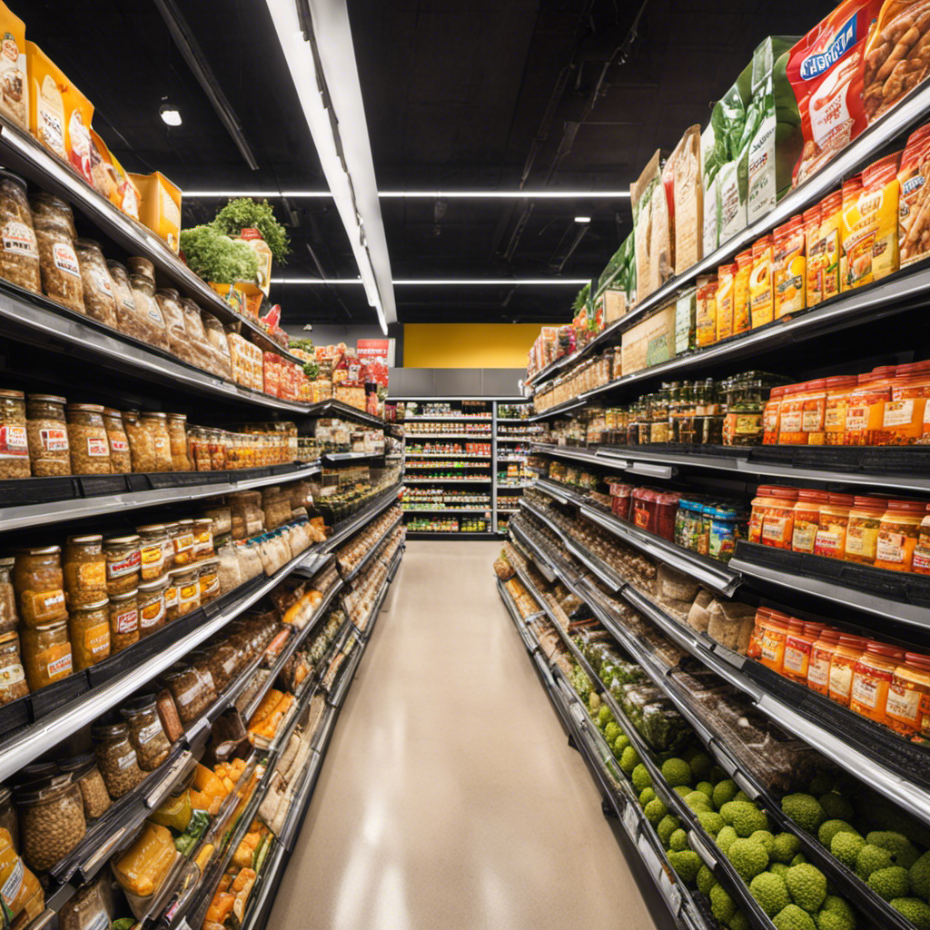 An image showcasing a bustling grocery store aisle filled with neatly stacked shelves of various bulk food items