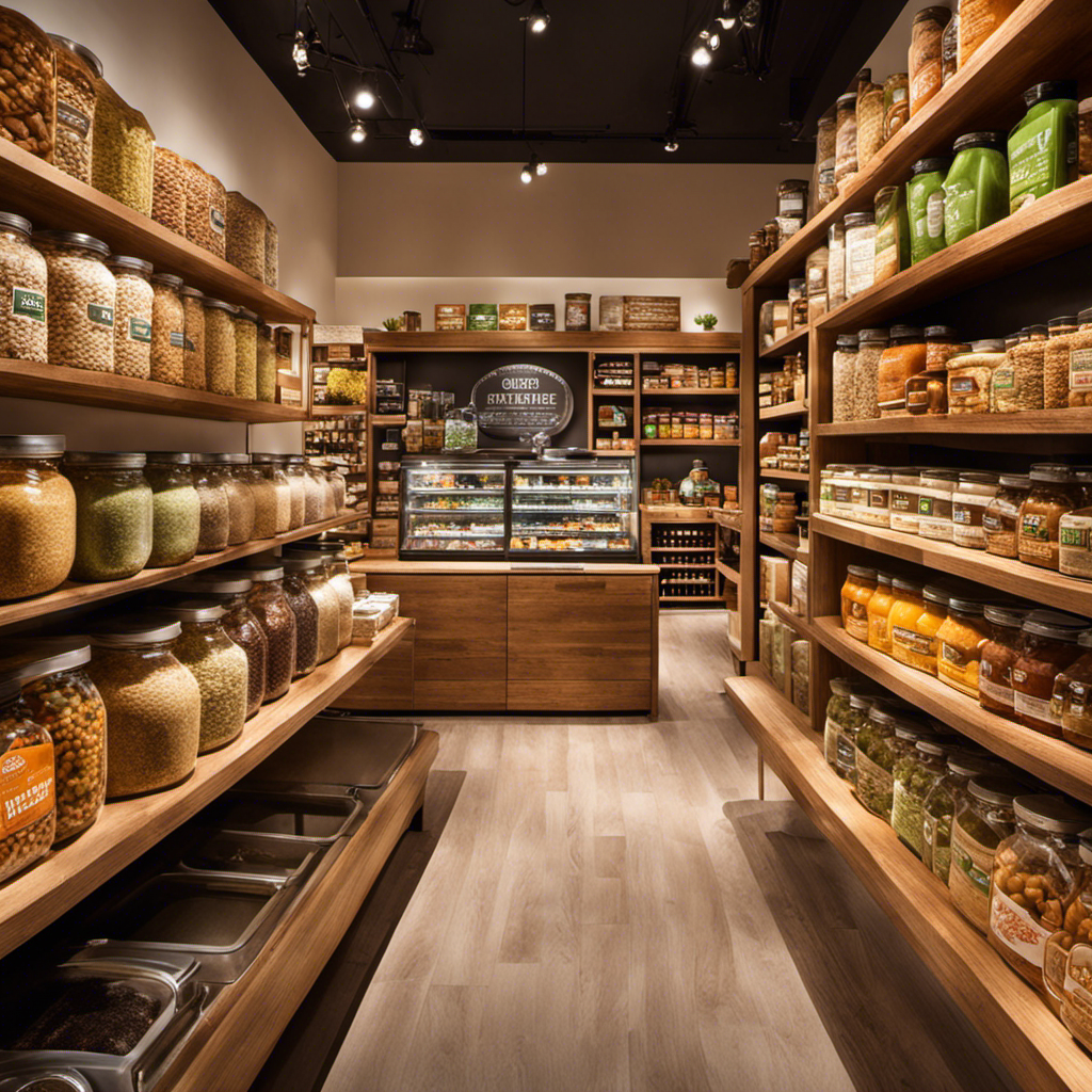 An image showcasing the vibrant interior of an organic food store, with neatly arranged shelves displaying a variety of wholesome products