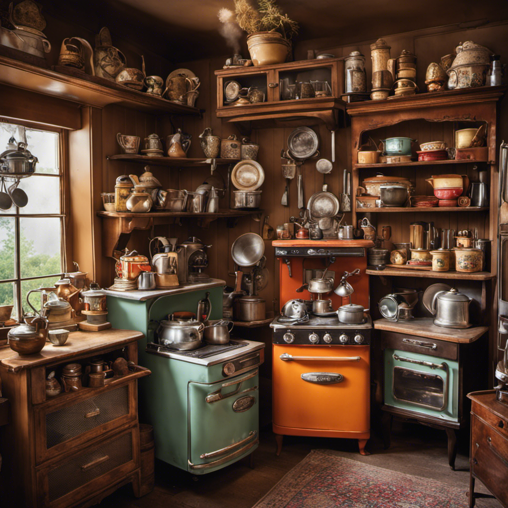 An image showcasing a quaint thrift shop, filled with shelves adorned with vintage kitchen appliances