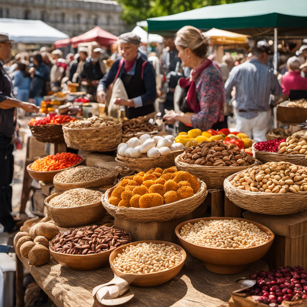 An image showcasing a bustling artisan market, with vibrant stalls adorned with handcrafted goods