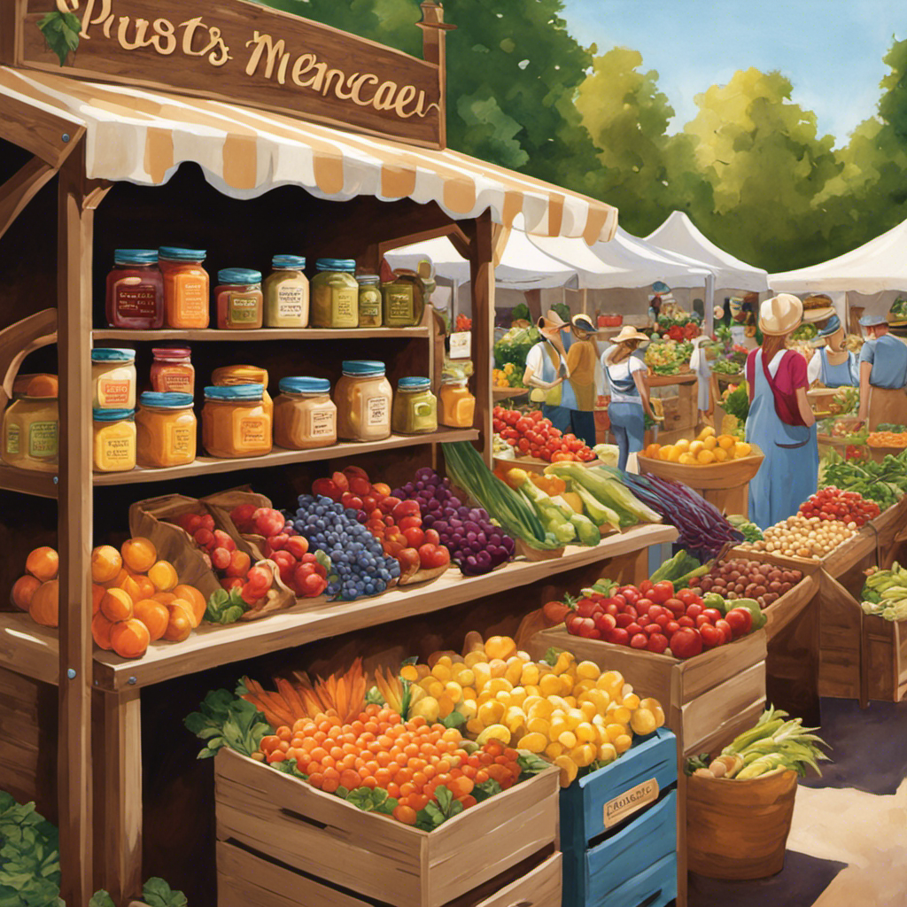 An image capturing the vibrant scene of a bustling farmers market, with a diverse array of fresh produce on display