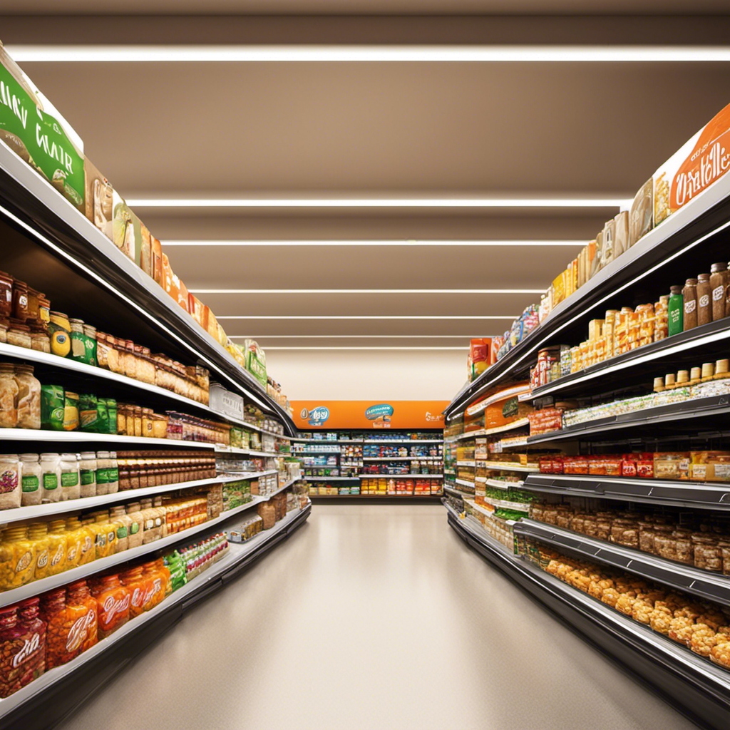 An image showcasing a vibrant supermarket aisle lined with shelves brimming with unique specialty products