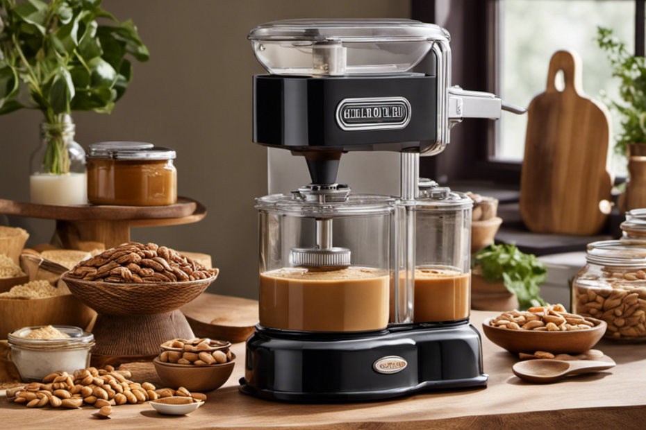An image featuring a cozy kitchen countertop with a vintage-inspired, sleek peanut butter maker at its center