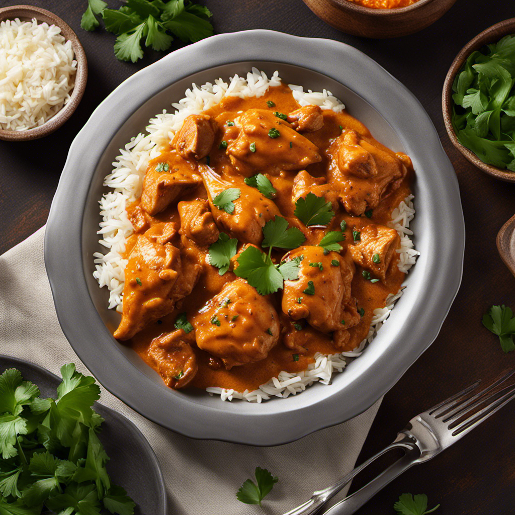 An image featuring a close-up of a sizzling, aromatic butter chicken dish, adorned with vibrant orange gravy and tender chunks of marinated chicken, garnished with fresh cilantro leaves and served alongside fluffy basmati rice