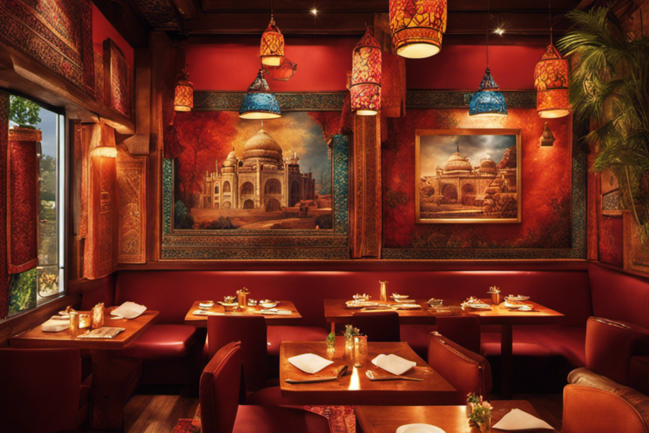 An image showcasing a vibrant Indian restaurant scene: A cozy, dimly lit eatery adorned with colorful tapestries, where aromatic clouds of spices waft from sizzling pans of succulent butter chicken simmering in creamy tomato gravy