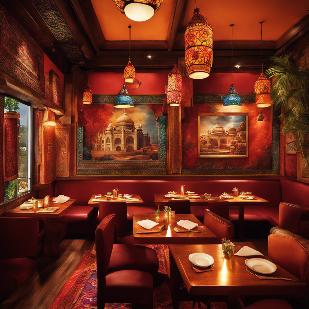 An image showcasing a vibrant Indian restaurant scene: A cozy, dimly lit eatery adorned with colorful tapestries, where aromatic clouds of spices waft from sizzling pans of succulent butter chicken simmering in creamy tomato gravy