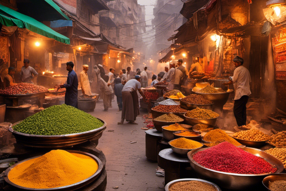 An image showcasing the vibrant streets of Old Delhi, India, with a bustling market filled with aromatic spices, a traditional clay tandoor oven, and a skilled chef skillfully marinating succulent chicken pieces in a rich, buttery sauce