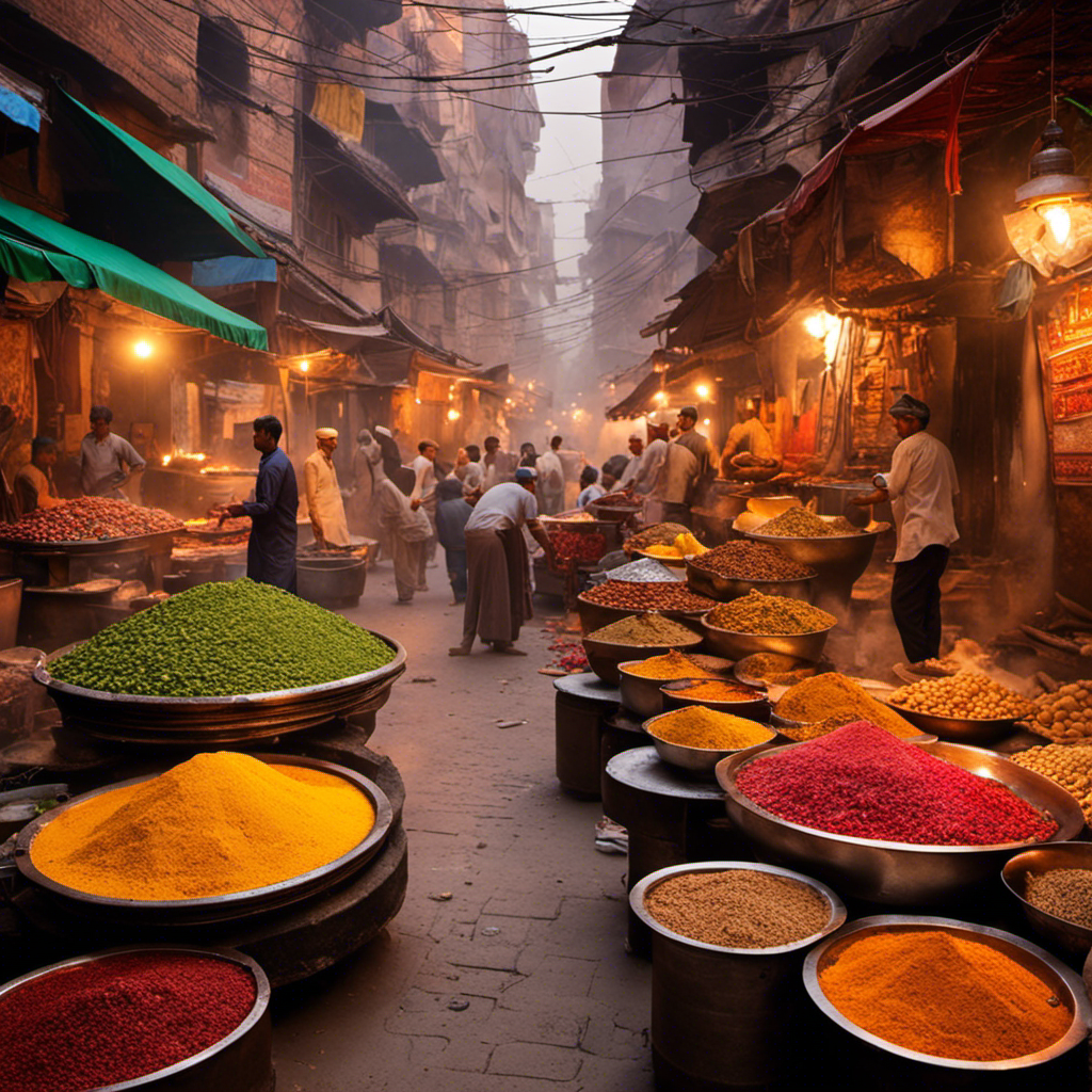 An image showcasing the vibrant streets of Old Delhi, India, with a bustling market filled with aromatic spices, a traditional clay tandoor oven, and a skilled chef skillfully marinating succulent chicken pieces in a rich, buttery sauce