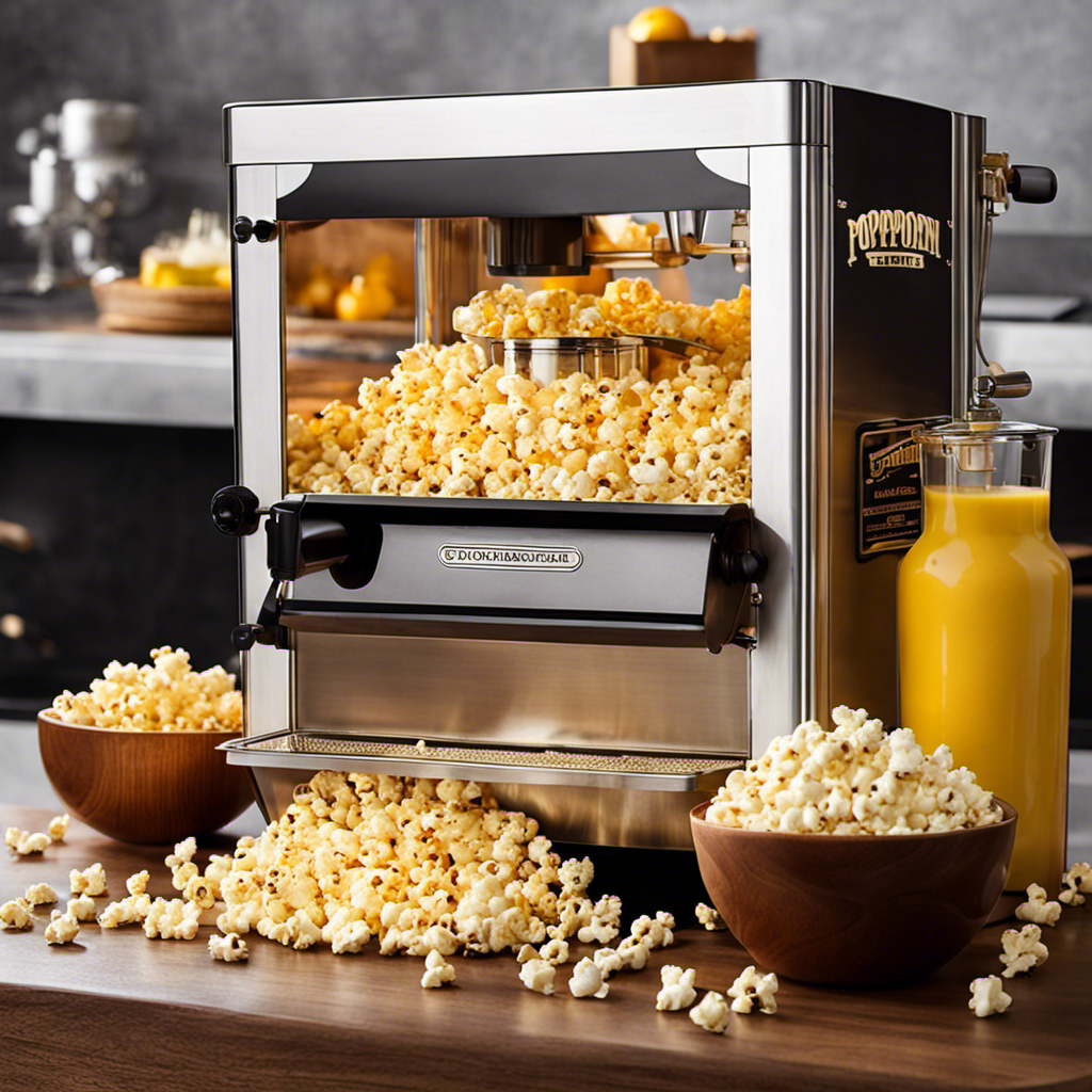 An image that showcases the inner workings of an Automatic Popcorn Maker, capturing the precise moment when melted butter is dispensed onto freshly popped corn, evoking nostalgic popcorn memories