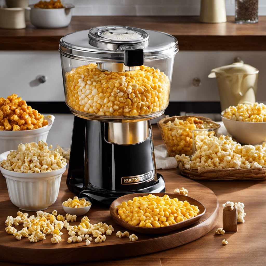 An image capturing the moment when a golden stream of velvety melted butter cascades over a freshly popped batch of corn kernels, saturating each piece with a glossy sheen of savory delight in the Nostalgia Popcorn Maker