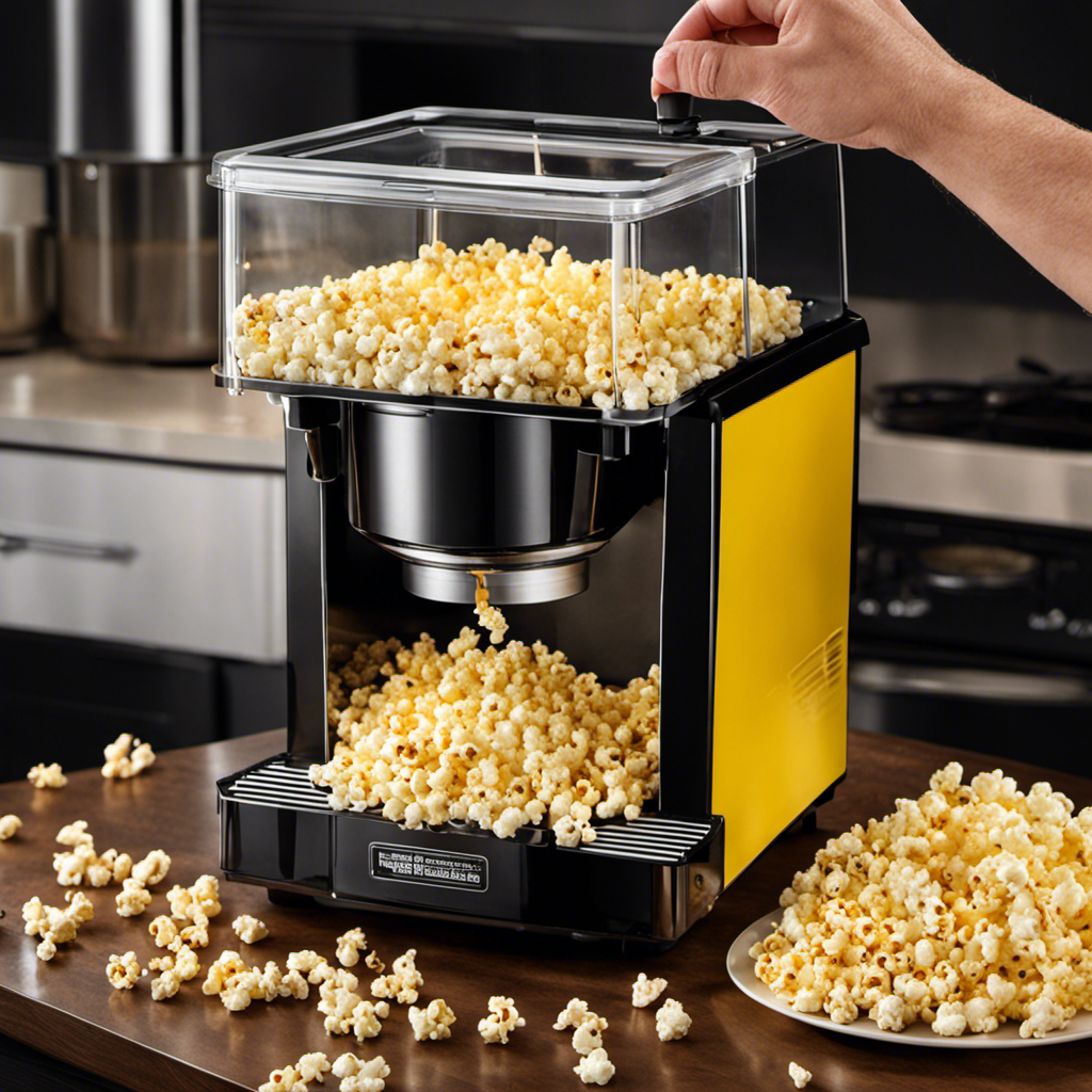 An image showcasing a person pouring melted butter directly onto the popcorn chamber of an automatic popcorn maker, causing it to overflow and drip onto the countertop