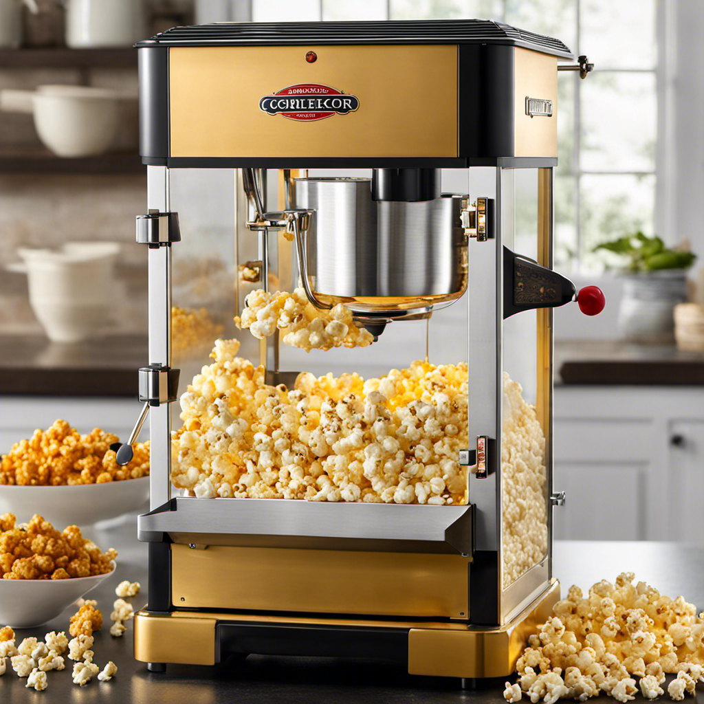 An image that showcases a close-up shot of an automatic popcorn maker with a perfectly melted pat of butter gracefully drizzling down onto a golden pile of freshly popped popcorn, capturing the essence of optimal flavor