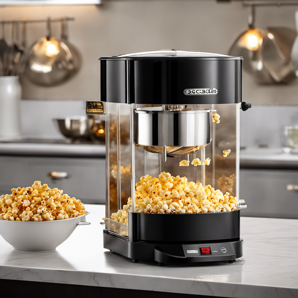 An image of a sleek, modern automatic popcorn maker with a transparent top