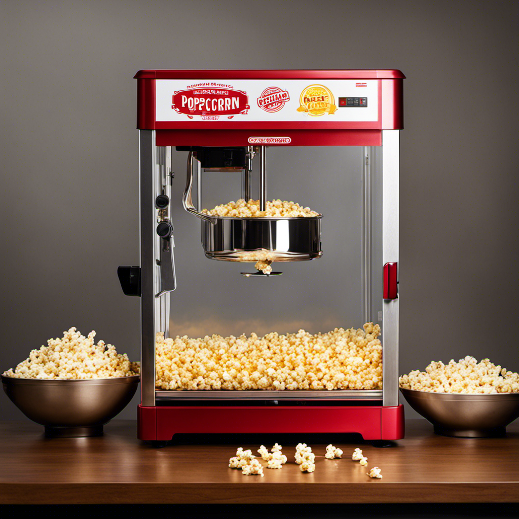 An image showcasing an automatic popcorn maker, with a clear diagram illustrating the designated area for butter placement