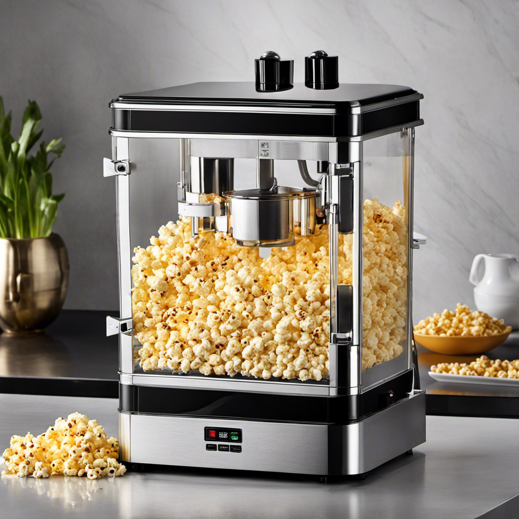 An image that showcases a sleek, modern automatic popcorn maker with a transparent butter compartment located on the machine's top, allowing golden melted butter to gracefully flow down onto a freshly popped batch of popcorn