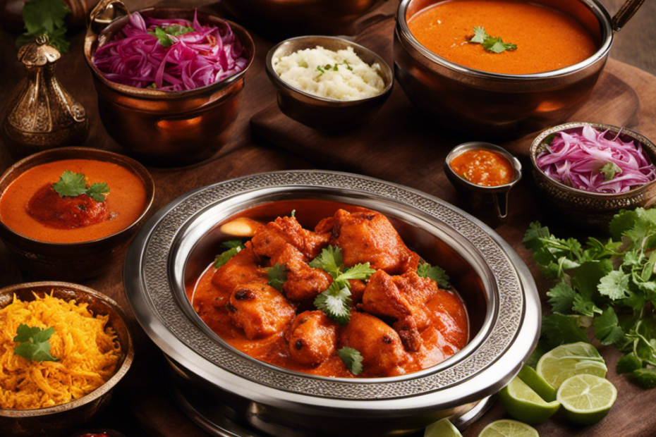 An image that showcases the vibrant colors of India: a sizzling tandoor oven, aromatic spices being ground, and succulent chicken simmering in a rich tomato-based gravy, capturing the essence of the birthplace of butter chicken