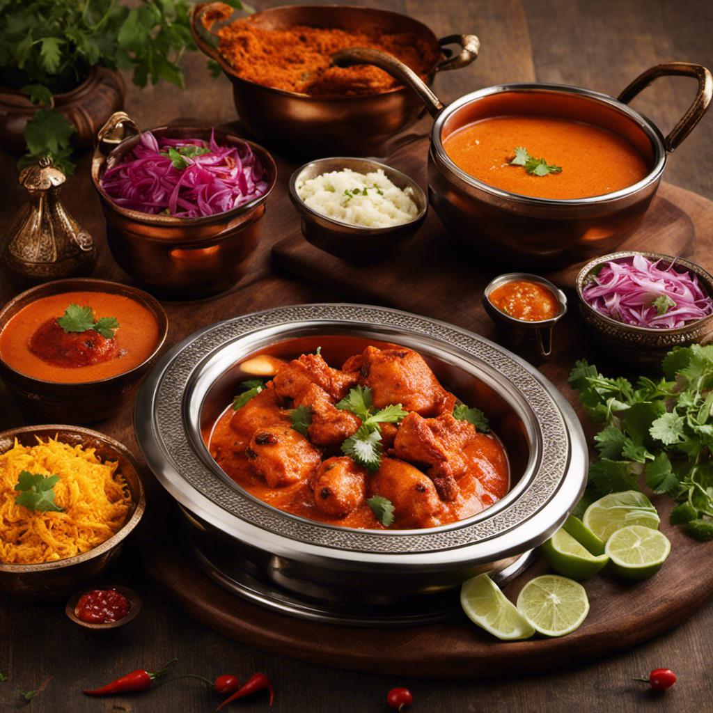 An image that showcases the vibrant colors of India: a sizzling tandoor oven, aromatic spices being ground, and succulent chicken simmering in a rich tomato-based gravy, capturing the essence of the birthplace of butter chicken